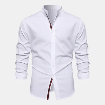 2023 Мужская модная рубашка с однотонным стоячим вырезом Повседневная мужская модная рубашка из хлопка и конопли с длинным рукавом
