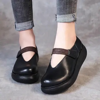 Черные туфли Mary Janes с V-образным вырезом, широкая посадка, женская повседневная обувь в стиле ретро, женские балетки на плоской платформе, женские кожаные туфли на высоком каблуке