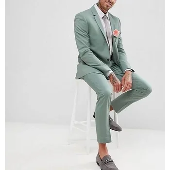 Свадебный костюм жениха terno masculinos completo, Приталенный мужской блейзер с зеленой выемкой на лацкане, брюки, официальный повседневный мужской костюм на заказ