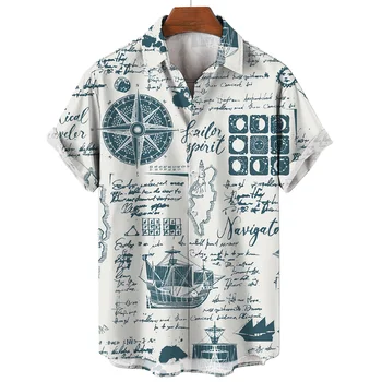 Летняя мужская рубашка с модным рисунком, навигация, 3D печать, повседневная мужская пляжная рубашка большого размера, свободная рубашка с коротким рукавом