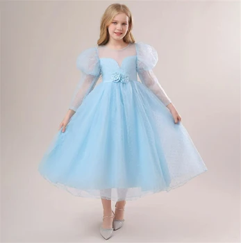 Платье для девочки в цветочек, Голубое платье из пушистого тюля, кружевное платье с пышными рукавами и бантом, Свадебное платье в цветочек для первого Евхаристического дня рождения ребенка
