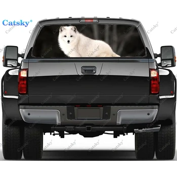 Зимняя белая лиса с животными, наклейка на заднее лобовое стекло автомобиля, окно грузовика, прозрачная перфорированная виниловая наклейка на заднее стекло