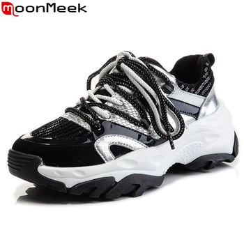 MoonMeek, большие размеры 35-43, модные женские кроссовки, обувь на платформе, дышащие массивные кроссовки, женские повседневные туфли на плоской подошве на шнуровке