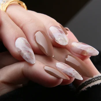 Классические мраморные круглые накладные ногти с коричневыми накладными ногтями Для ежедневного ношения, глянцевые накладные ногти среднего размера для женщин