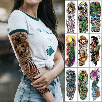Татуировка на рукаве большого размера, Японская волна, Водонепроницаемая временная татуировка, наклейка с Лилией, Павлин, Мужчины, Полная татуировка с тигром, лиса, боди-арт, женщины