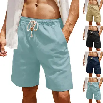 Мужские хлопчатобумажные льняные шорты, брюки, мужские летние дышащие мужские брюки с карманами, широкие однотонные свободные спортивные шорты, уличная одежда