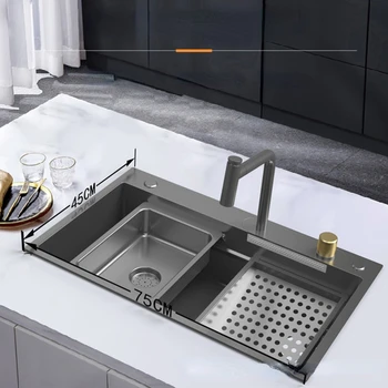 Большая Кухонная раковина с одним баком из нержавеющей стали SUS304, Нано-пистолет для мытья посуды, Серый Набор с водопадом
