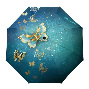 Золотая Бабочка Красивое Цветочное искусство Креативный Зонт Rain Women Ручной работы Три Складных зонта Ветрозащитный зонтик-зонт
