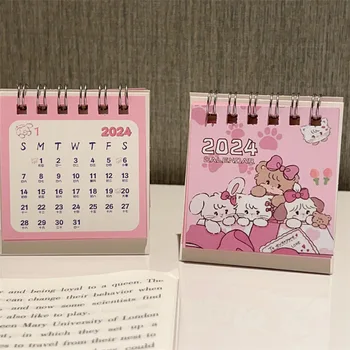 Настольный календарь с мультяшным Розовым котом 2024, Мини-симпатичный настольный календарь с откидной крышкой, Маленький Календарь ежедневного планирования и Месячный календарь для дома