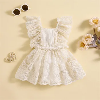 Кружевное платье-комбинезон для маленьких девочек с цветочной вышивкой, оборками на рукавах и открытой спиной, летние свадьбы, Детское платье принцессы для дня рождения