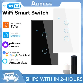 Aubess WiFi Smart Light 1-4Gang Switch Не требуется нейтральный провод, выключатель света Smart Life APP Control Поддержка Alexa Google