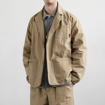 Японский пиджак, Мужская повседневная куртка-карго цвета Хаки с длинным рукавом, Весна-осень, Винтажный однобортный блейзер со свободным карманом, мужской