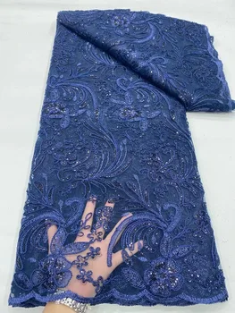 Роскошная Темно-синяя Африканская Сетчатая Кружевная Ткань 5 Ярдов Нового Французского Тюлевого Кружева с Блестками из Молочного Шелка для Пошива Женского Элегантного Платья