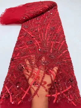 Высококачественная Африканская тюлевая ткань ручной работы с вышивкой бисером, Роскошное Алжирское кружевное платье с пайетками, Вечернее Свадебное платье