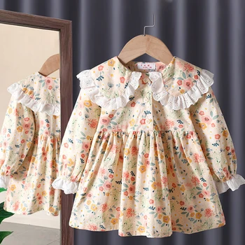Одежда с цветочным рисунком для маленьких девочек, весенне-осенние платья с длинными рукавами для девочек, кружевная одежда с воротником 