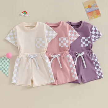 Одежда для маленьких девочек, хлопковая одежда из 2 предметов, футболки в шахматном стиле с короткими рукавами и шорты с эластичной резинкой на талии, комплект
