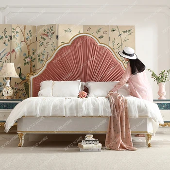Главная спальня в стиле придворного рококо, тканевая двуспальная кровать, Розовая кровать из массива дерева, 1,8 м, Роскошная супружеская кровать высокого класса