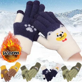Теплые Пушистые перчатки Шиба-Ину, Милая Мультяшная Собачка, сенсорный экран, Зимняя грелка, женские перчатки на весь палец, Мягкие Вязаные варежки на запястье