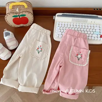 Осенние Корейские штаны для маленьких девочек 0-5 лет, Цветочная вышивка, Однотонные Детские брюки для девочек с эластичной резинкой на талии, Свободные Детские брюки для девочек