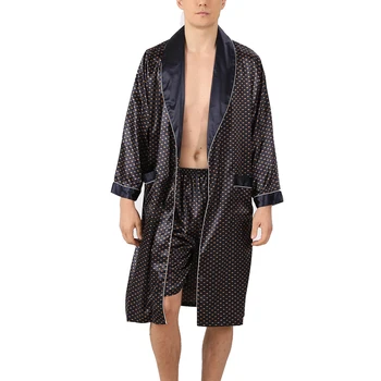 Имитация шелкового халата, комплект пижам в полоску в горошек с длинным рукавом, легкая мешковатая ночная рубашка, халат + шорты, пижама для мужчин