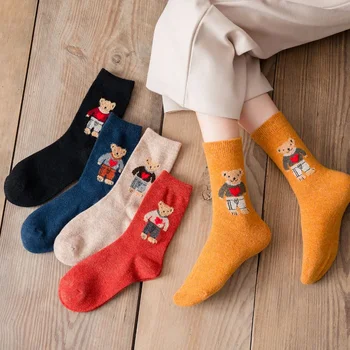 Носки с мультяшным медведем, женские осенне-зимние толстые теплые носки, Корейские милые дизайнерские носки Kawaii Harajuku