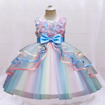 Детское платье из тюля с цветочным кружевом для девочек, яркое, радужное, элегантное, без рукавов, торжественное, для свадьбы, дня рождения, детское платье принцессы