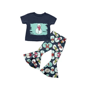 Новый дизайн, горячая одежда для девочек в рождественском стиле, молочная шелковая ткань с милым рисунком снеговика, расклешенные брюки с короткими рукавами, комплект из 2 предметов
