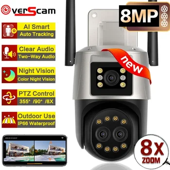Защита безопасности 4K 8MP WIFI На открытом воздухе С 8-Кратным Зумом С Тремя Объективами И Двойным Экраном Аудио Домашняя Безопасность PTZ 360 ° Автоматическое Отслеживание Smart Home Cam