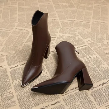 Женские ботильоны с острым носком, модные короткие ботинки на молнии сзади, Элегантная зимняя женская обувь на высоком квадратном каблуке 2024 года выпуска