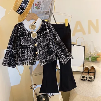 Весенний костюм в корейском стиле для девочек, модное вязаное пальто + расклешенные брюки, осенний комплект из двух предметов, комплект верхней и нижней одежды для девочек