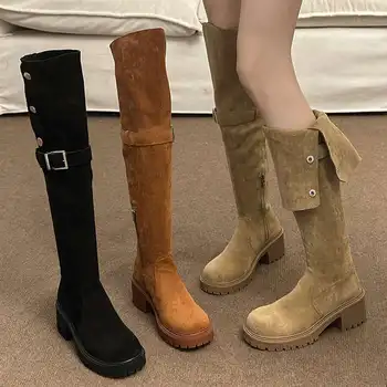 Женские ботинки, ботинки-Женская зимняя обувь с круглым носком, пикантные туфли на высоком каблуке до бедра, 2023, резиновые сапоги выше колена
