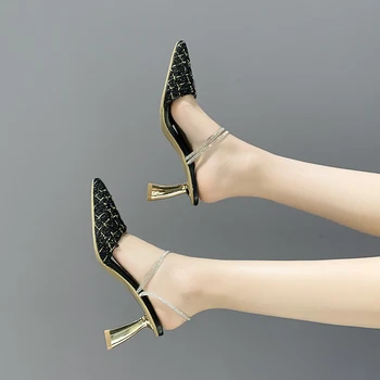 Тапочки на высоком каблуке, женская мода, Рим, весна-лето, классические сандалии на шпильке с острым носком, элегантные женские однотонные туфли-лодочки