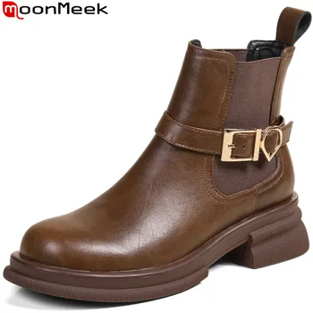 MoonMeek 2022, размер 34-41, Новые весенние ботильоны на среднем квадратном каблуке, женские модные модельные туфли, женские ботинки из натуральной кожи.