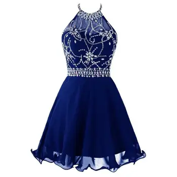 Королевские синие короткие платья для встречи выпускников, расшитые хрусталем, выпускное платье для девочек, Мини-платье на бретельках, шифоновые платья для выпускного вечера vestido de fiesta
