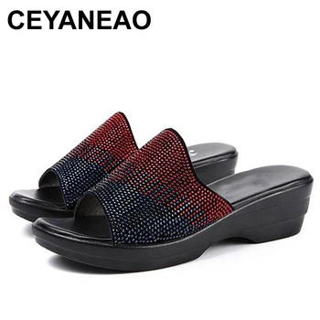 CEYANEAO/ Женские тапочки из натуральной кожи, женская летняя обувь, женские туфли на танкетке, модные летние туфли со стразами, размер 35-41