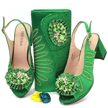 CR803 Итальянские туфли зеленого цвета последней модели с соответствующими сумками для свадьбы Итальянские туфли в нигерийском стиле и соответствующие сумки Комплект из сумки и обуви