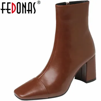 FEDONAS/ Лаконичные базовые женские ботильоны Осень-зима, женская обувь из натуральной кожи на толстом высоком каблуке, офисные женские полусапожки 2023 г.