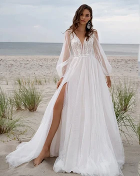 Пляжное свадебное платье из тюля с V-образным вырезом в стиле бохо, длинные пышные рукава, аппликации с высокой горкой, свадебное платье, сшитое на заказ для женщин Robe De Mariage