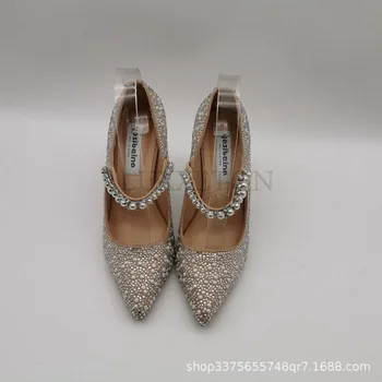 Женские тонкие туфли Mary Jane на высоком каблуке с острым носком и мелким носком на тонком каблуке с украшением в виде кристаллов, официальные свадебные туфли от 1 см до 9 см