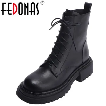 FEDONAS/ Популярные женские ботильоны на платформе с перекрестной шнуровкой, обувь из натуральной кожи на толстом каблуке, женские мотоциклетные ботинки для отдыха на открытом воздухе