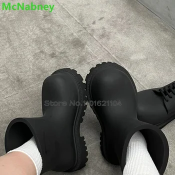 Черные непромокаемые ботинки с большим круглым носком для женщин/мужчин, новинка зимы 2023, повседневные слипоны до щиколотки, роскошный дизайн, однотонная модная обувь для подиума