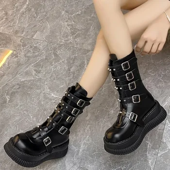 Осенние новые женские туфли на платформе с пряжкой для ремня Demon, черные женские сапоги до середины икры на массивном каблуке в стиле панк, уличные сапоги в готическом стиле на молнии