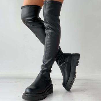 Женские ботфорты выше колена из искусственной кожи, осенне-зимняя женская обувь на мягкой платформе, Модные женские ботинки 2022 года, женские длинные сапоги