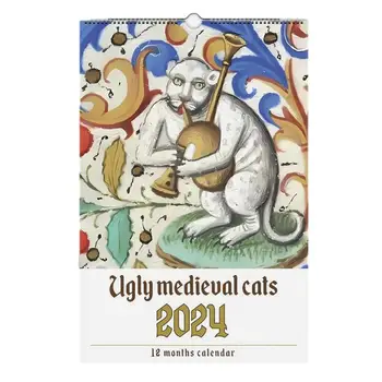 Настенный календарь с милым котом на 2024 год, средневековые кошки, подвесной календарь-органайзер, ежедневный календарь любителя кошек, планировщик расписания, домашний