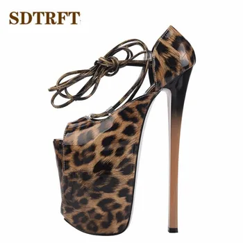 SDTRFT леопардовый крест ремень платформы сандалии 22см тонкие каблуки Пип Toe женщины насосы мелкая рот обувь US15 16