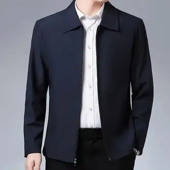 Мужская куртка Элегантная мужская куртка среднего возраста на молнии с отворотом, прямое официальное деловое пальто, Мягкая весенне-осенняя повседневная одежда, теплые мужские вещи