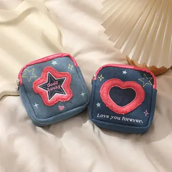 Джинсовый кошелек Star с вышивкой Kawaii Y2K Квадратная маленькая сумка Сумка для наушников Love Heart Косметичка на открытом воздухе