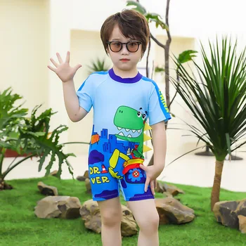 Маленький мальчик на пляже Хот-Спрингс, цельный плоский угол, короткий рукав, Мультяшный студенческий милый купальный костюм с рисунком динозавра
