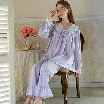 Женская свободная хлопковая пижама с V-образным вырезом и длинными рукавами, винтажная пижама-двойка с вышивкой, длинные брюки, повседневная пижама для отдыха больших размеров, Новинка