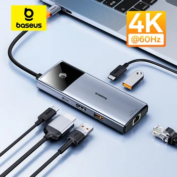 USB-концентратор Baseus 4K при 60 Гц, совместимый с HDMI для паровой палубы, металлический блеск USB 3.2 Gen 2, USB C-концентратор, адаптер для аксессуаров для ноутбуков